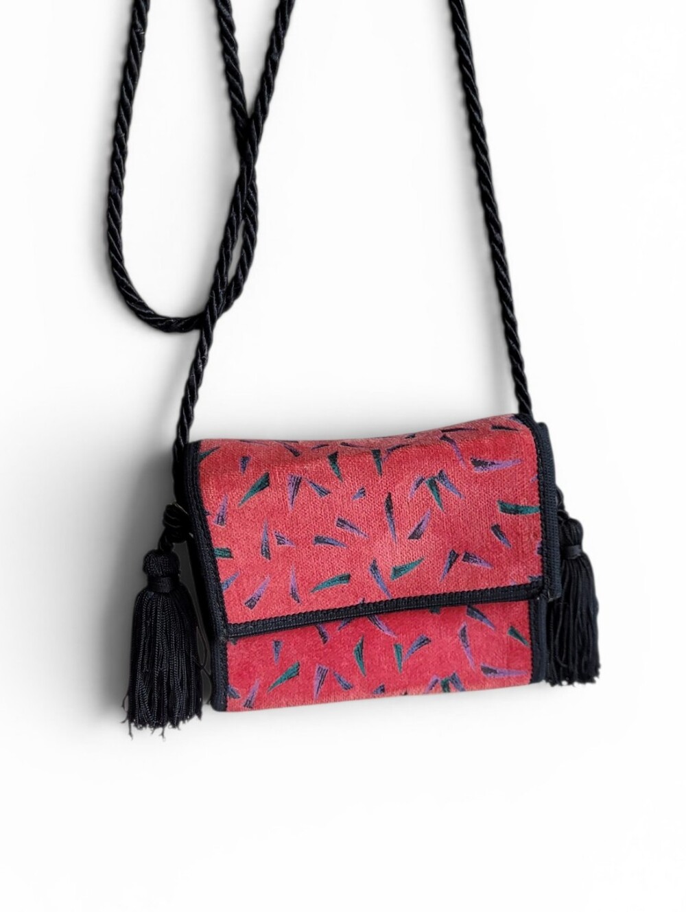 Vintage Made In Italy Velvet Mini Box Bag With Long Strap And Tassels Red Black